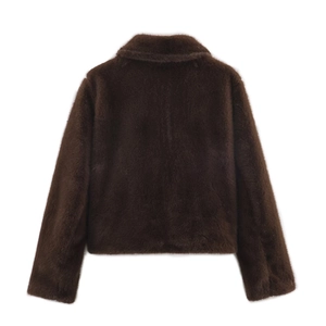 Short dark brown faux fur jacket for women with high-quality plush texture and back view