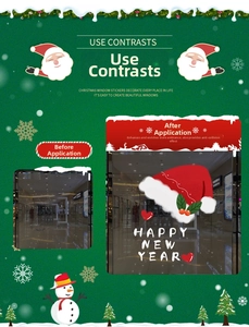 Stickers de Noël avec bonnets rouges et texte Happy New Year sur vitre de magasin