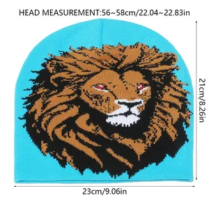 Detailed size chart showing head circumference and dimensions for the blue lion beanie