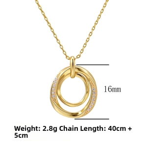 Detail of s925 silver interlocking double ring pendant necklace with zircon in gold finish