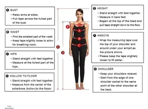 Detailed sizing guide showing bust, waist, and hip measurement points for formal gowns