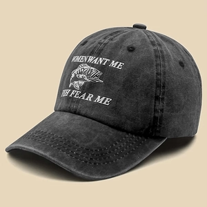 Retro Washed Cotton Baseball Cap Women Want Me Fish Fear Me Embroidered Adjustable Sun Hat For Men Women Casual Outdoor Hat