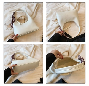 Detailed four-angle view of a white PU leather shoulder bag with a stylish scarf detail