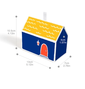 Detailed size specifications of the house-shaped gift box in yellow and dark blue