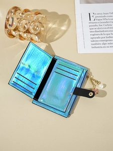 Slim holographic blue card holder with multi-slots, floral pearl charm and side zipper