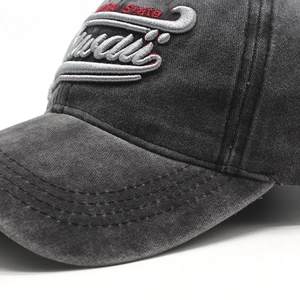 Detail of 3D Hawaii Aloha State embroidery on vintage washed cotton baseball cap