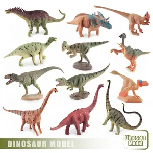 Set de 12 figuras realistas de mini dinosaurios con T-Rex y Estegosaurio sobre fondo blanco