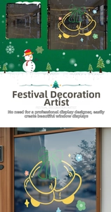 Christmas window decals showing festive bells, snowmen and green pine trees on glass doors