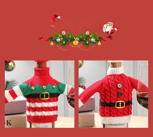 Knitted Christmas sweater wine bottle covers with elf design and holiday button details