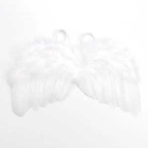White natural feather angel wings costume for infant photography on a clean white backdrop