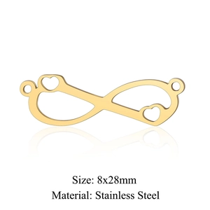 Golden stainless steel infinity pendant with double heart cutouts, size 8x28mm