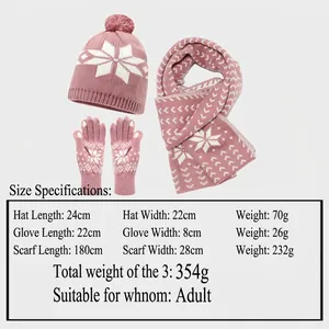 Women's pink knit winter set with white snowflake patterns and detailed size specifications