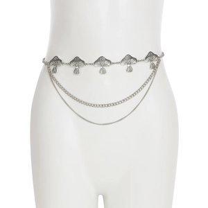 Detail view of silver multilayer waist chain featuring five mushroom pendants and draped chains