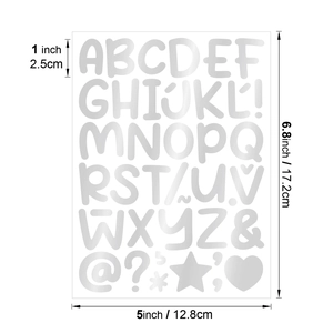 Detail view of 1-inch silver alphabet stickers with dimensions for DIY water cups