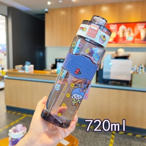 Close-up of 720ml square water bottle with purple silicone sleeve and hand strap