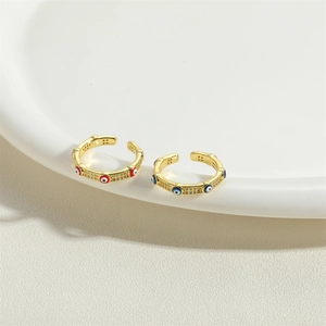 Adjustable 14K gold plated open rings with red and blue evil eye charms and zircons