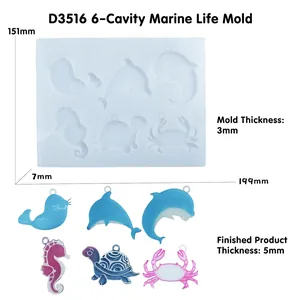 Moule en silicone détaillé 6 cavités animaux marins pour résine avec profondeur de 5mm