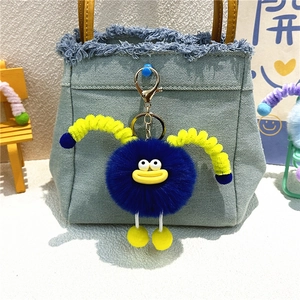 Detail of cute blue plush monster keychain with yellow lips hanging on a denim bag