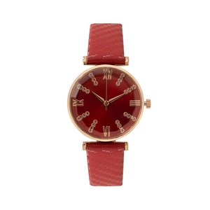 Elegant ladies watch with red dial, gold case and textured leather strap in quartz style