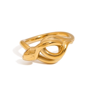 Polished gold stainless steel snake ring with minimalist wrap-around design on white background