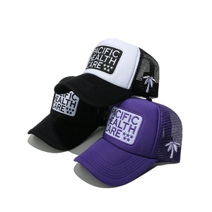 Adjustable trucker mesh cap with Pacific Health Care embroidery and palm tree detail