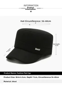 Close-up of black flat-top military hat with Sport logo and size specifications