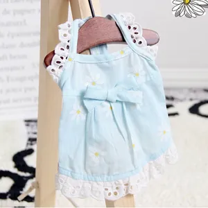 Daisy print pet dress in light blue with lace trim and bow for small dogs and cats
