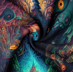 Detailed close-up of fantasy mushroom tapestry fabric showing high-definition digital print