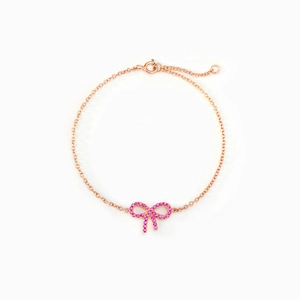 Minimalist S925 sterling silver bowknot bracelet in rose gold with pink zircon stones