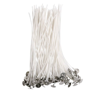White cotton candle wicks with silver metal bases for handmade DIY aromatherapy candles
