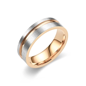 Nahaufnahme eines Titanstahlrings mit silber gebürsteter Oberfläche und roségoldener Nut