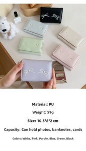Close-up of a women's trifold wallet with bow decoration, pearl accents, and textured PU leather