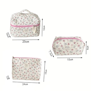 Quilted cotton bunny makeup bags set with pink zippers and size dimensions listed