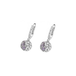 Macro detail of U-shaped silver earring with purple marquise gem and white zircon stones