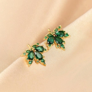 Boucles D'oreilles Puces Feuille D'érable Vintage Pour Femmes Cuivre Et Zircon Bijoux Floraux Élégants Style Automne