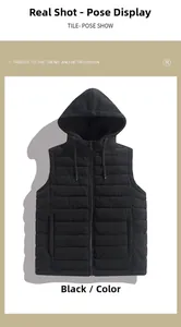 Vue détaillée du gilet à capuche noir avec poche latérale et surpiqûres horizontales