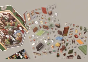 Detailed PET stickers featuring cartoon furniture, indoor decor and bear motifs for journaling