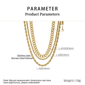 Detailed view of 3-layer gold stainless steel chain set with cuban and twist links