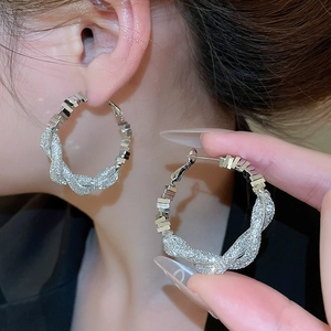 Detailed view of silver hoop earrings with twisted design and cubic zirconia pavé