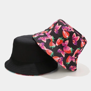 Black and strawberry butterfly pattern reversible bucket hat with durable stitching