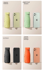 Mini ultralight pocket umbrella in four bright colors shown next to a smartphone
