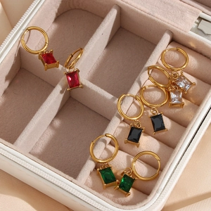 Luxury geometric drop earrings with multicolor rectangular cubic zirconia in gold settings