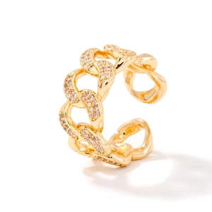 Golden chain link open ring featuring zircon accents on a minimalist polished metal band