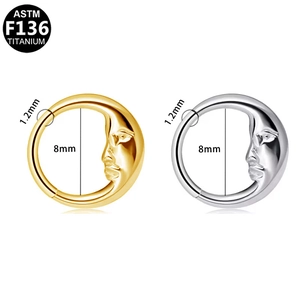 F136 titanium nose rings with moon face design in gold and silver, 1.2x8mm gauge size
