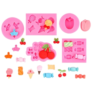 Pink silicone mold for cherry lollipop, crown and candy shapes for cake decorating