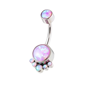 G23 titanium navel ring with colorful round synthetic opals and shiny metallic finish