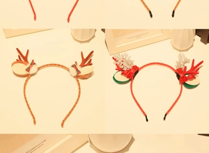 Detail view of Christmas reindeer antler headbands with plush fur and festive decorations