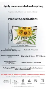 Size guide for sunflower linen cosmetic bag measuring twenty five by seventeen centimeters