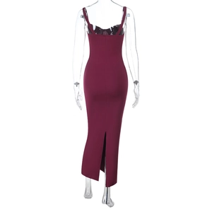 Back view of wine red lace V-neck dress featuring a slim fit and stylish back slit detail