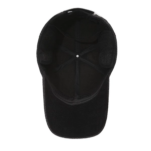 Internal view of black winter baseball cap with ear flaps and reinforced 6-panel stitching